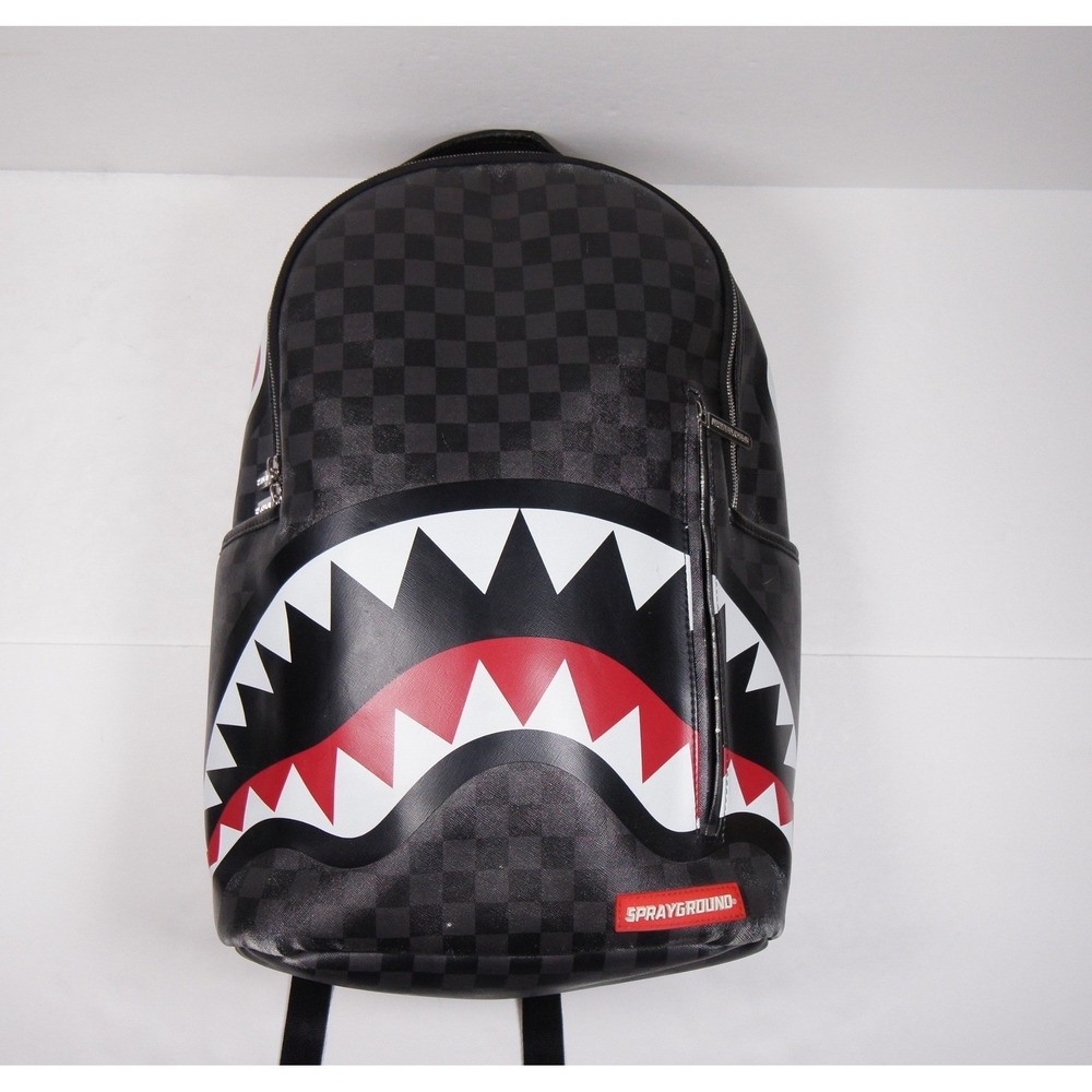 Sprayground Shark Mouth Backpack Grey Black Checkered Vegan Leather Streetwear